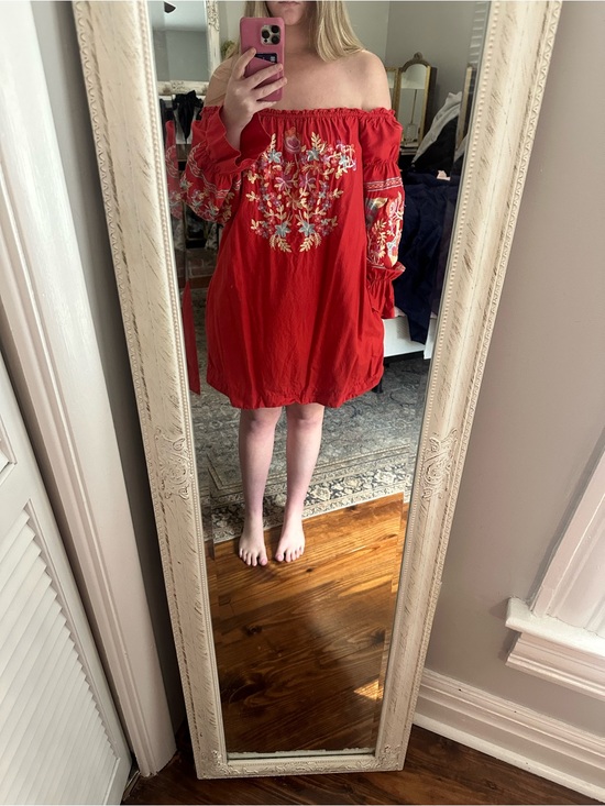 Free People Dresses & Skirts - Free People Red Off-Shoulder Embroidered Mini Dress